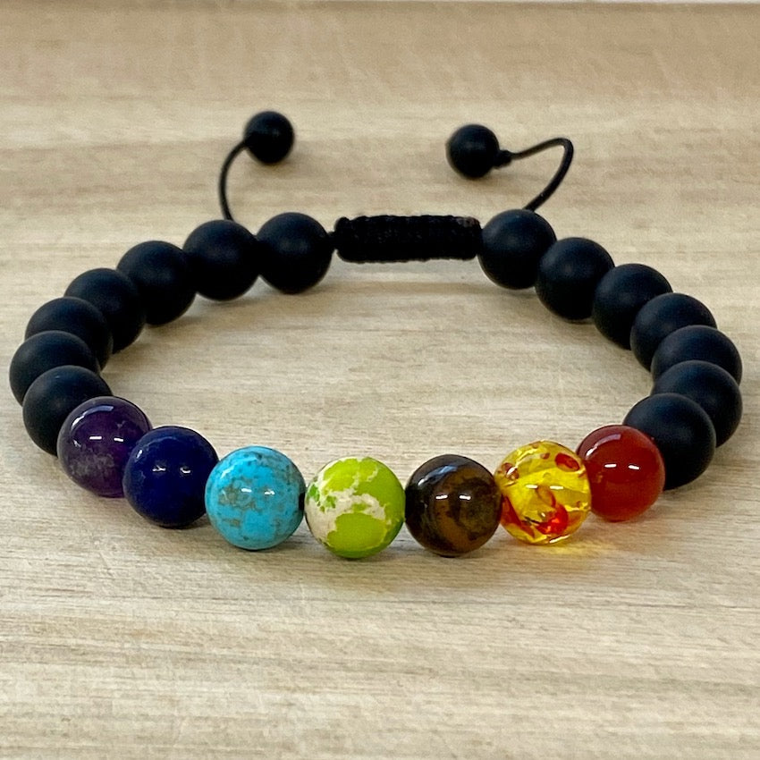 7 Chakra Black Agate Bracelet - Adjustable