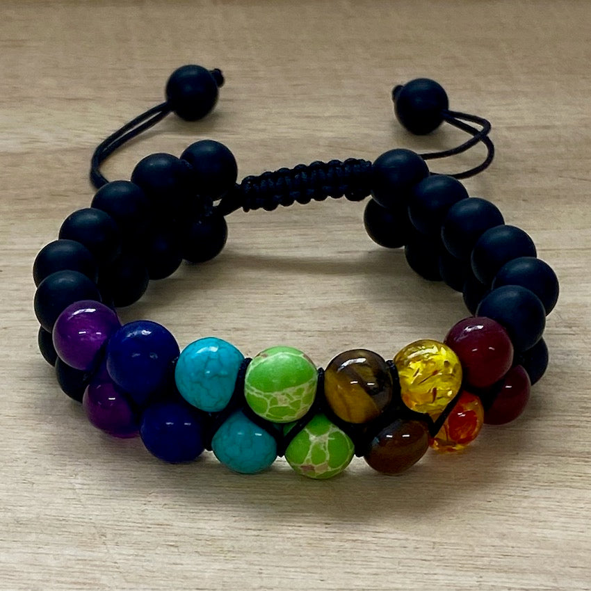 7 Chakra Black Agate Two Stack Bracelet - Adjustable