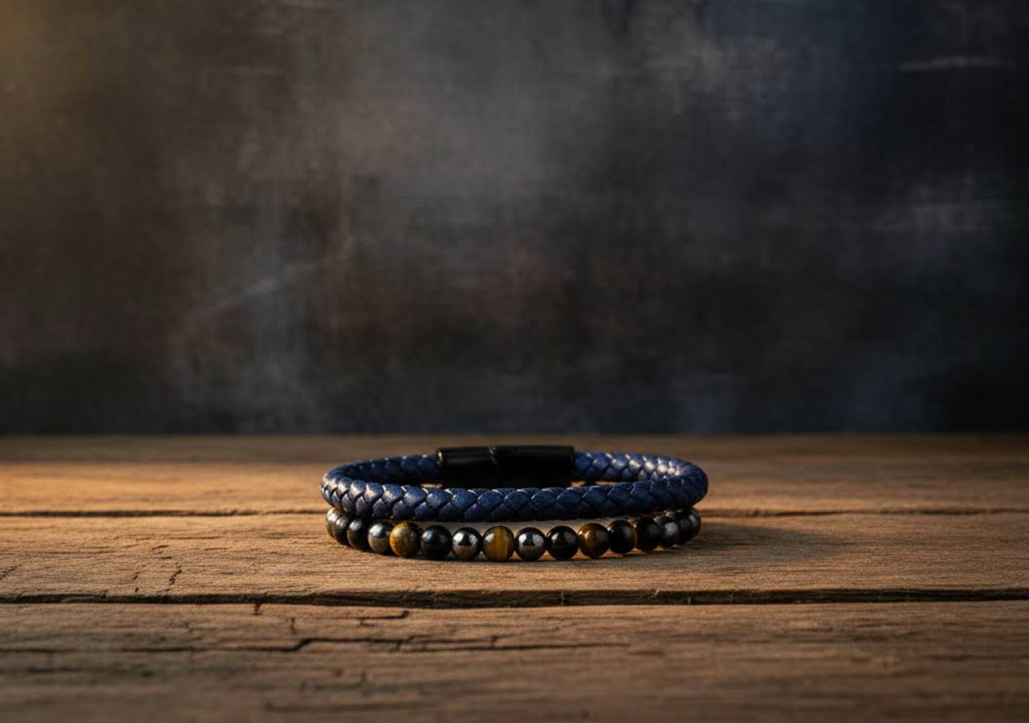 Leather & Stone Bracelet - Hematite, Tiger’s Eye & Black Onyx - Navy Blue Leather