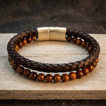 Leather and Wooden Style Bead Bracelet – Brown Leather | Unisex
