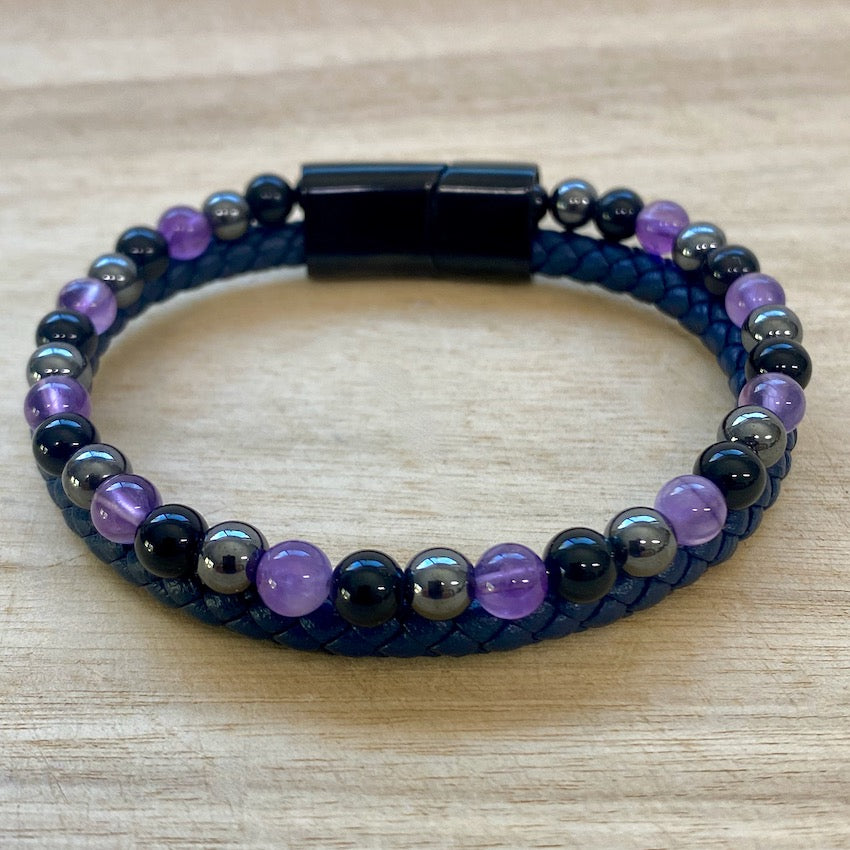 Hematite, Amethyst & Black Onyx - Navy Blue - Leather & Stone Bracelet