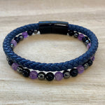 Leather & Stone Bracelet - Hematite, Amethyst & Black Onyx - Navy Blue