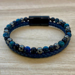 Hematite, Blue Tiger's Eye & Black Onyx - Navy Blue - Leather & Stone Bracelet
