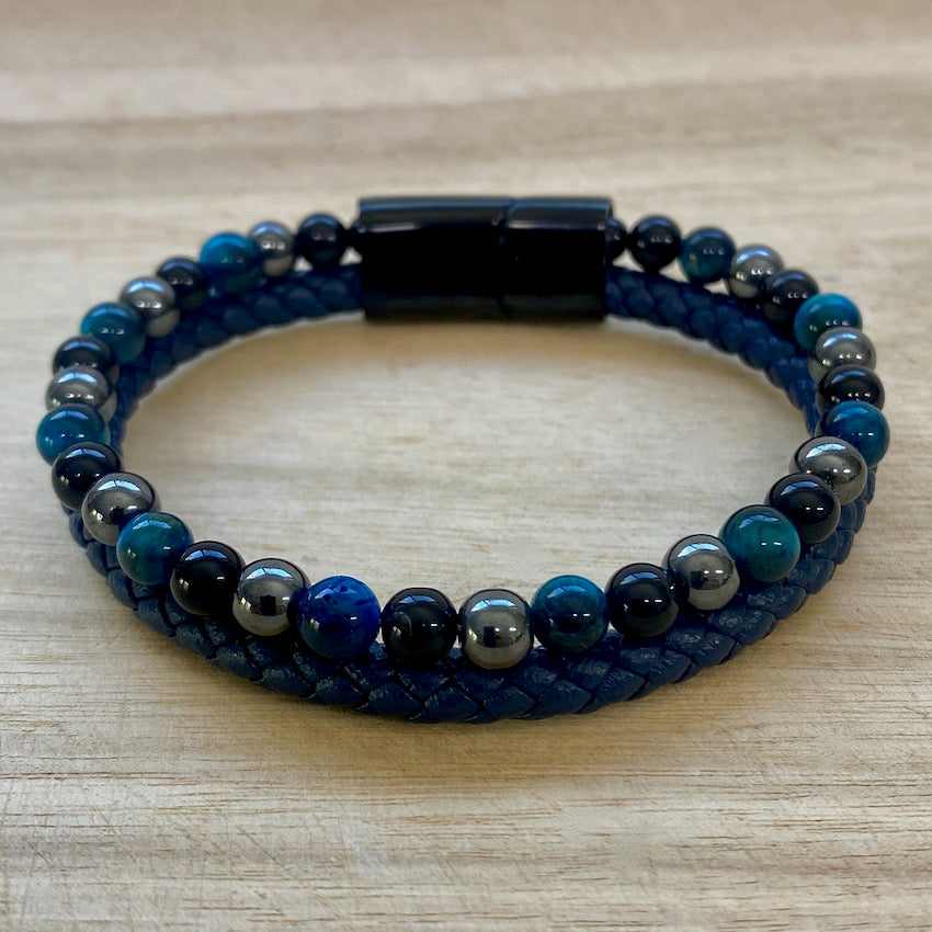 Hematite, Blue Tiger's Eye & Black Onyx - Navy Blue - Leather & Stone Bracelet