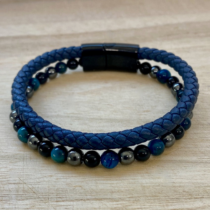 Leather & Stone Bracelet - Hematite, Blue Tiger's Eye & Black Onyx - Navy Blue
