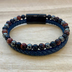 Hematite, Red Tiger's Eye & Black Onyx - Navy Blue - Leather & Stone Bracelet