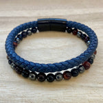 Leather & Stone Bracelet - Hematite, Red Tiger's Eye & Black Onyx - Navy Blue