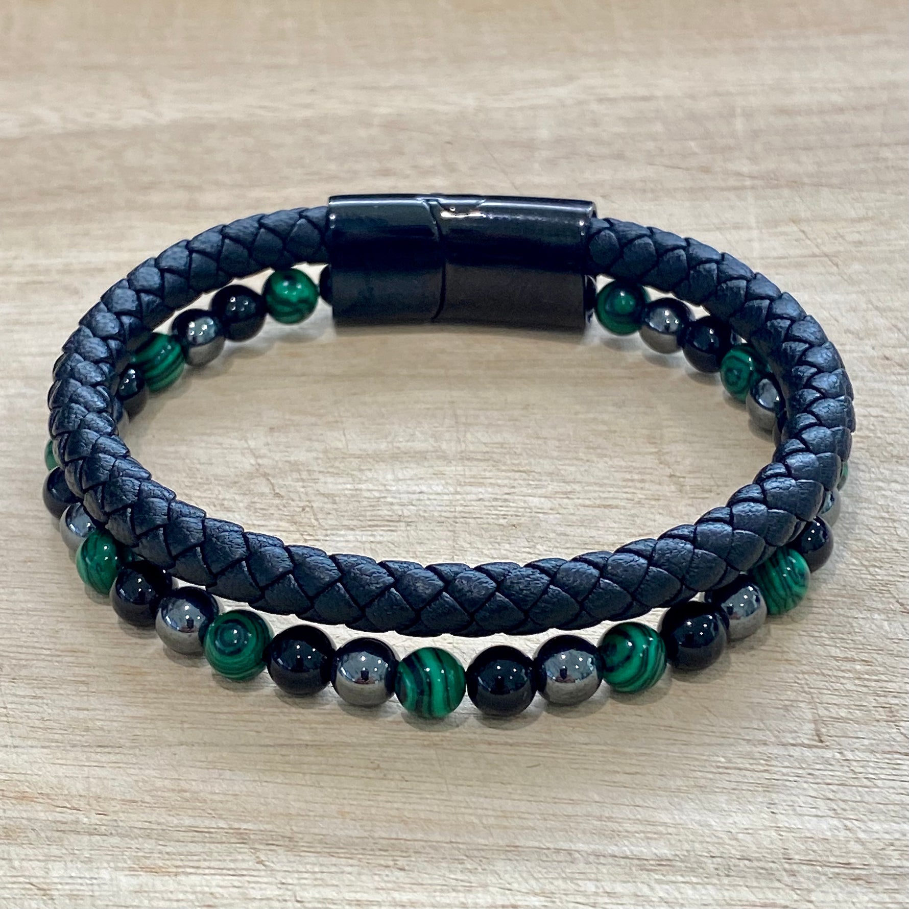 leather hematite malachite and onyx bracelet