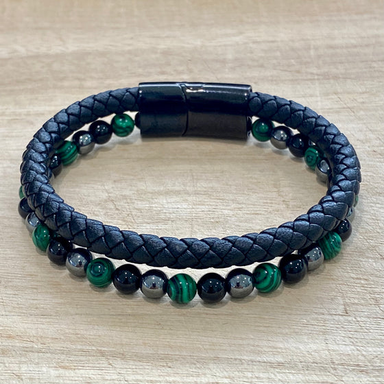 leather hematite malachite and onyx bracelet
