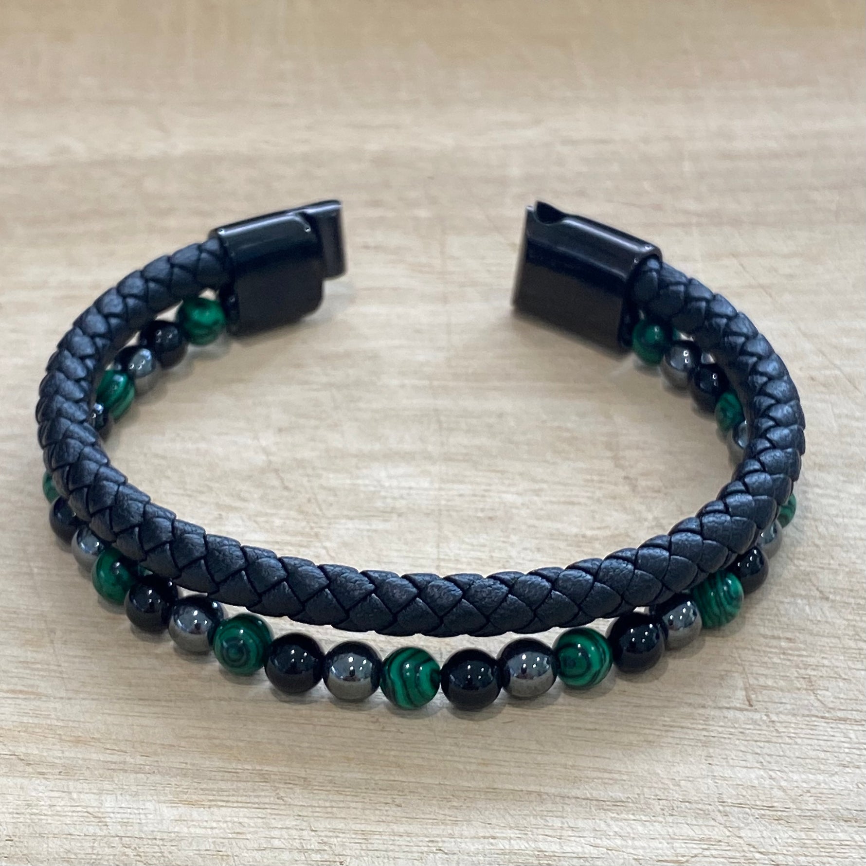 leather hematite malachite and onyx bracelet open