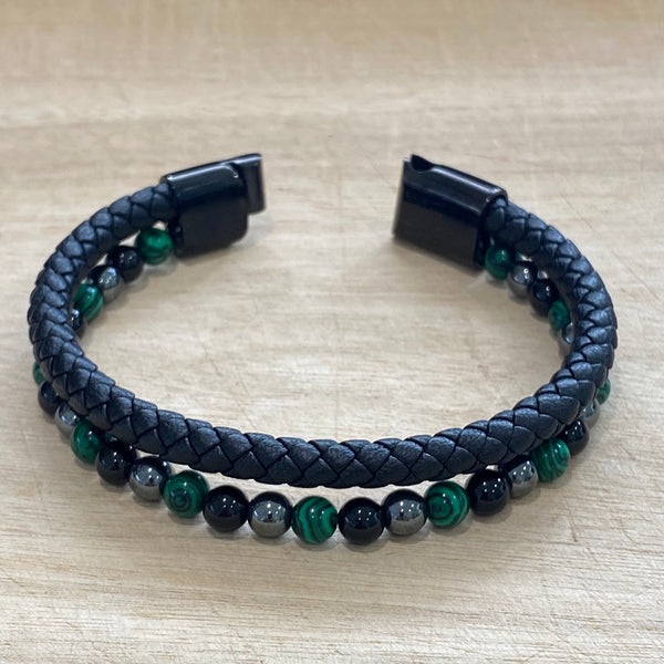 leather hematite malachite and onyx bracelet open