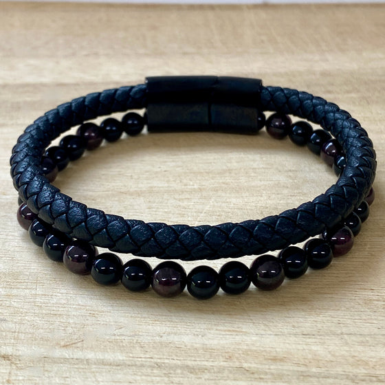 Leather & Stone Bracelet - Garnet & Black Onyx