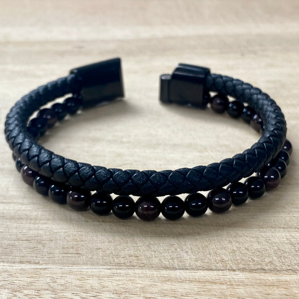 Leather & Stone Bracelet - Garnet & Black Onyx - Open Clasp
