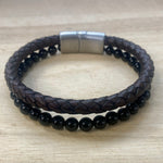 Leather & Stone Bracelet – Black Onyx - Brown Leather