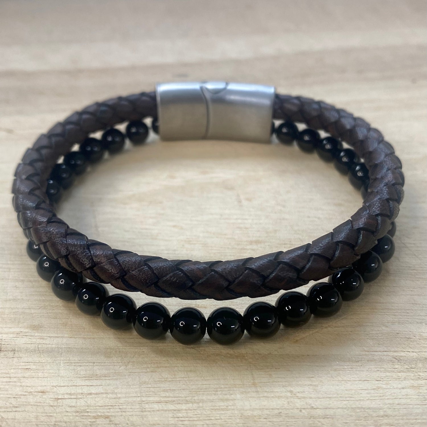 Leather & Stone Bracelet – Black Onyx - Brown Leather