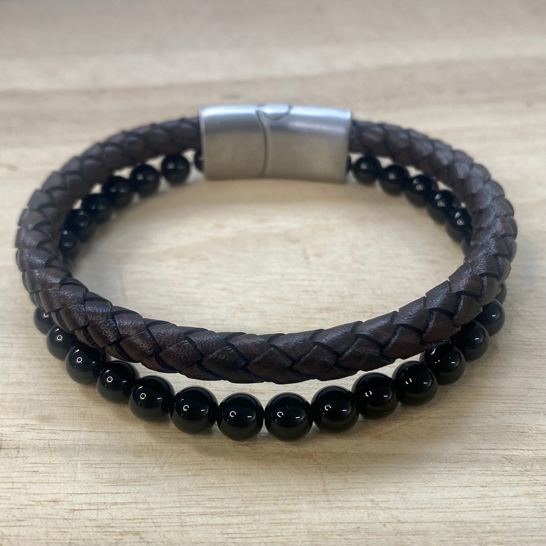 Leather & Stone Bracelet – Black Onyx - Brown Leather