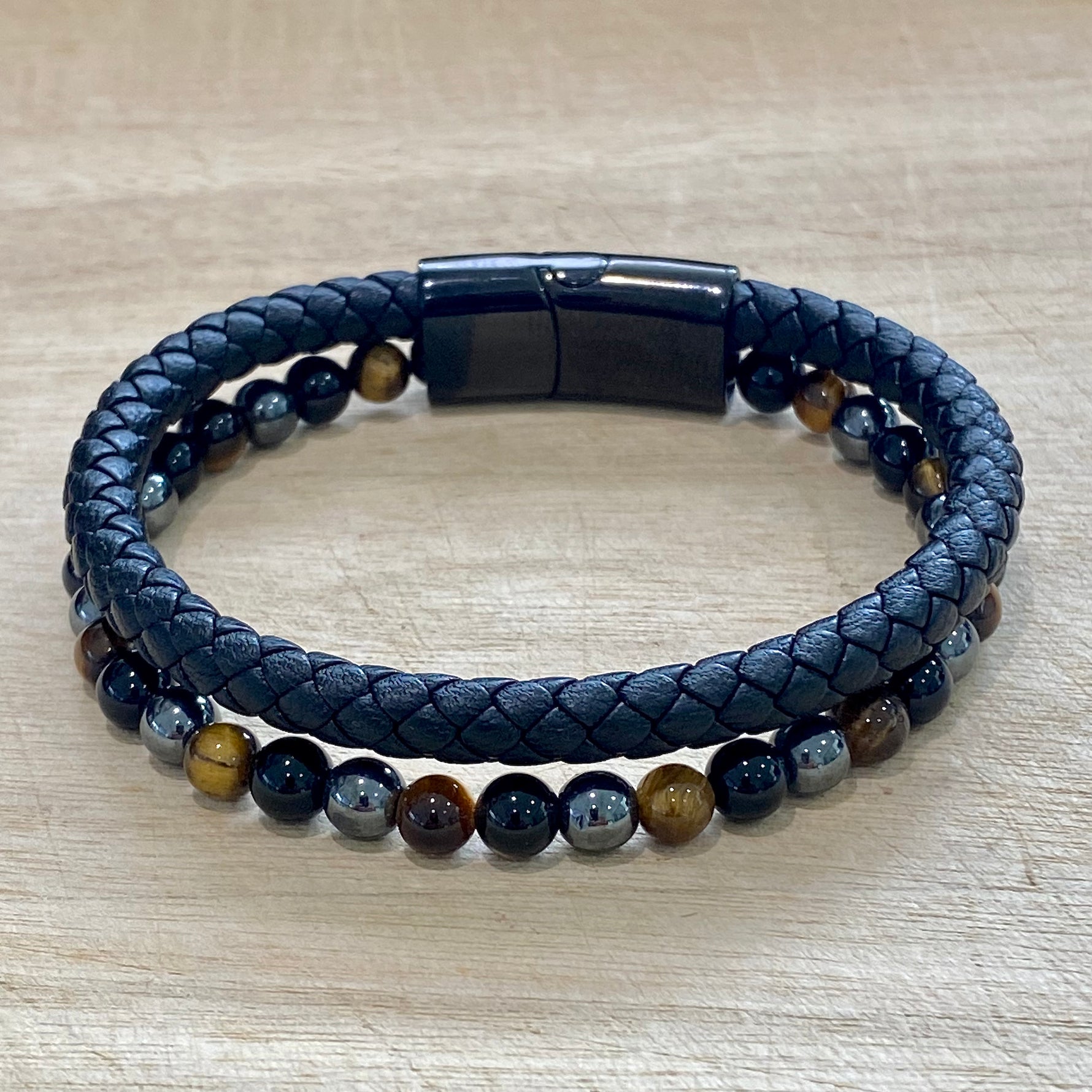 leather hematite tiger's eye & black onyx bracelet