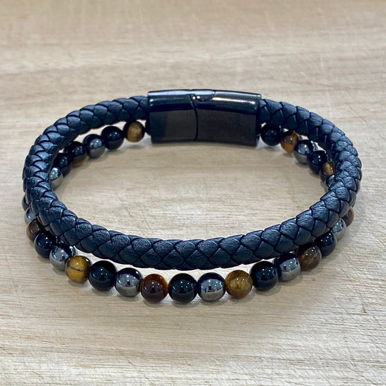 leather hematite tiger's eye & black onyx bracelet