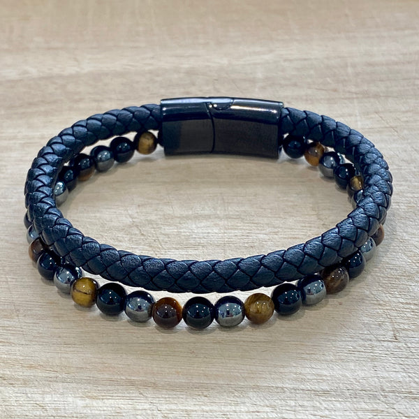leather hematite tiger's eye & black onyx bracelet