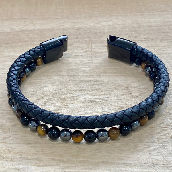 leather hematite tiger's eye & black onyx bracelet open