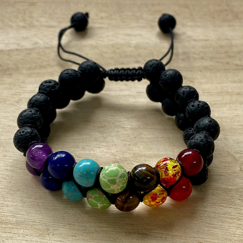7 Chakra Lava Rock Two Stack Bracelet  - Adjustable