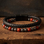 Leather & Stone Bracelet - Hematite & Red Jasper | Unisex