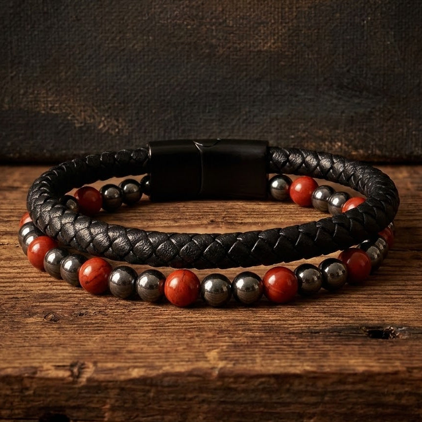 Leather & Stone Bracelet - Hematite & Red Jasper | Unisex