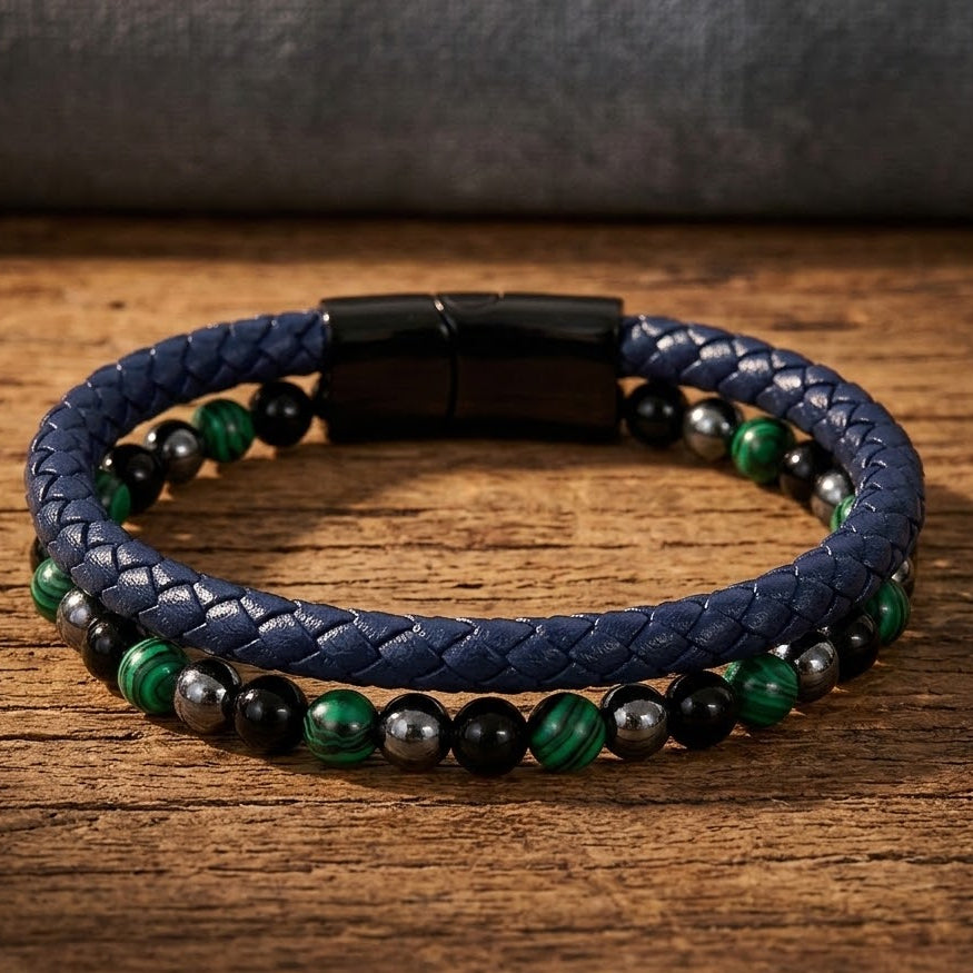 Leather & Stone Bracelet - Hematite, Malachite & Black Onyx | Unisex - Navy Blue Leather