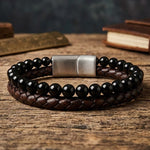 Leather & Stone Bracelet – Black Onyx - Brown Leather | Unisex