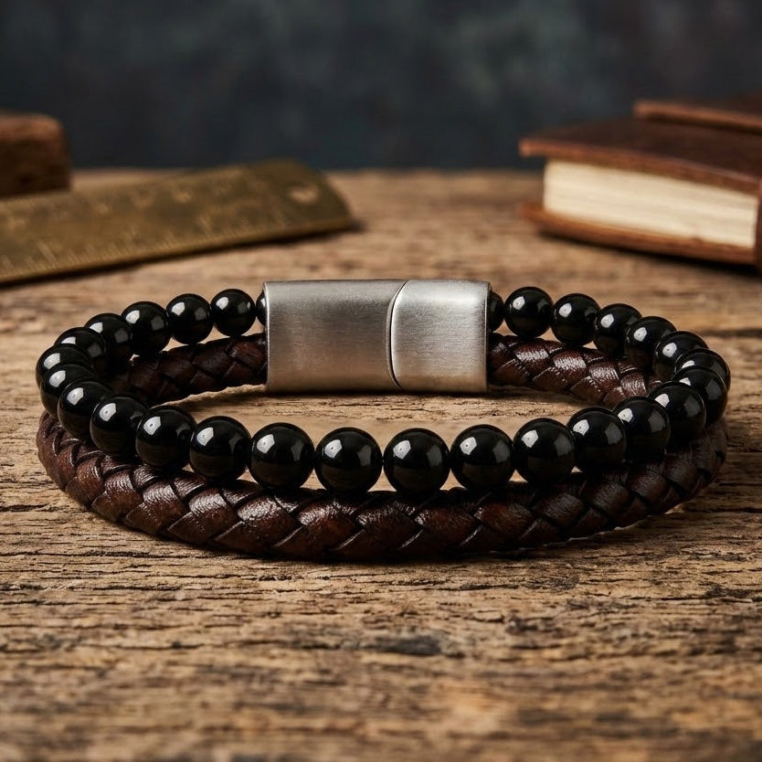Leather & Stone Bracelet – Black Onyx - Brown Leather | Unisex