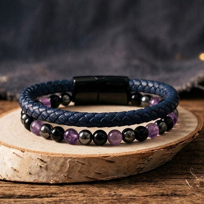 Leather & Stone Bracelet - Hematite, Amethyst & Black Onyx | Unisex - Navy Blue Leather