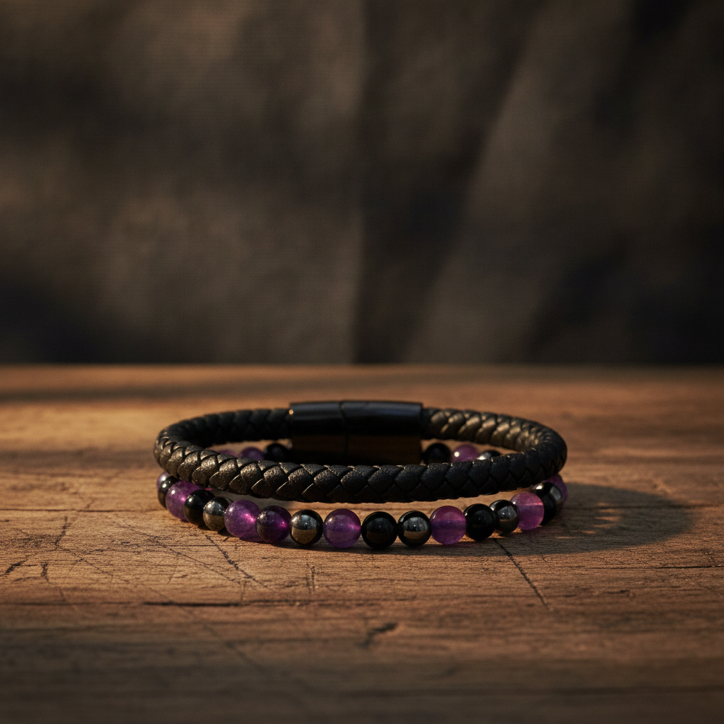 Leather & Stone Bracelet - Hematite, Amethyst & Black Onyx