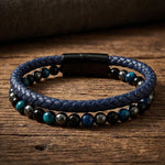 Leather & Stone Bracelet - Hematite, Blue Tiger's Eye & Black Onyx | Unisex - Navy Blue Leather