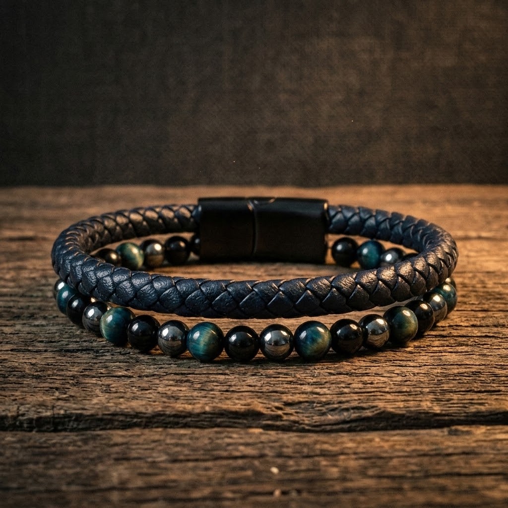 Leather & Stone Bracelet - Hematite, Blue Tiger's Eye & Black Onyx | Unisex