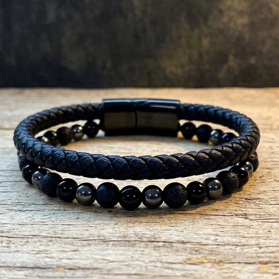 Leather & Stone Bracelet - Hematite, Lava Stone & Black Onyx | Unisex