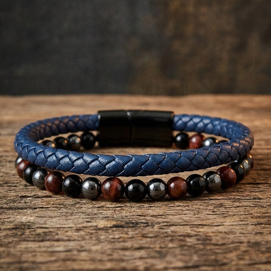Leather & Stone Bracelet - Hematite, Red Tiger's Eye & Black Onyx | Unisex - Navy Blue Leather