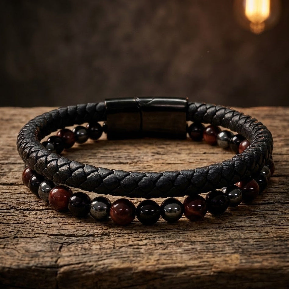 Leather & Stone Bracelet - Hematite, Red Tiger's Eye & Black Onyx | Unisex