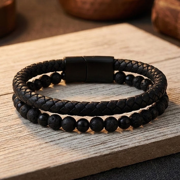 Leather & Stone Bracelet – Lava Stone & Black Onyx | Unisex
