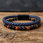 Leather & Stone Bracelet - Red Jasper & Black Onyx | Unisex - Navy Blue Leather