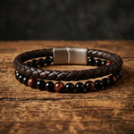 Leather & Stone Bracelet Red Tiger Eye Black Onyx | Unisex - Brown Leather