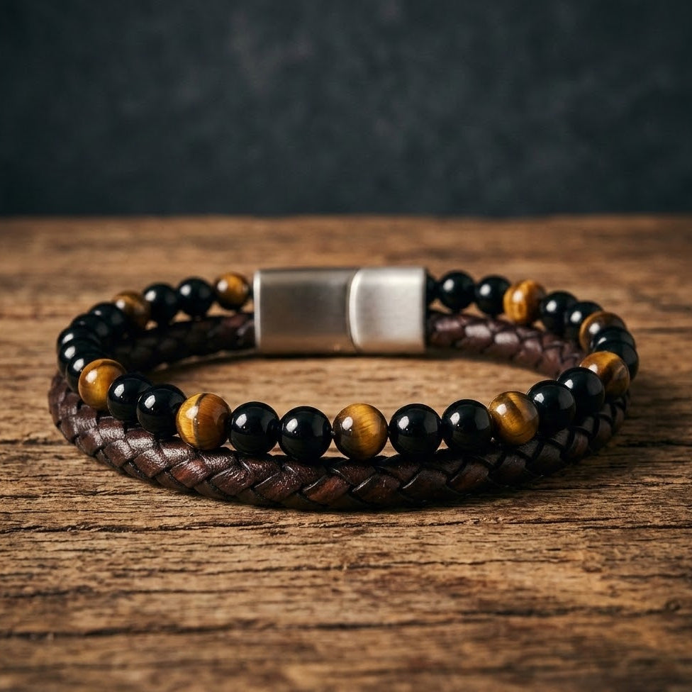 Leather & Stone Bracelet Tiger Eye Black Onyx | Unisex - Brown Leather