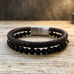 Leather & Stone Bracelet – Black Onyx & Lava Stone | Unisex - Brown Leather 
