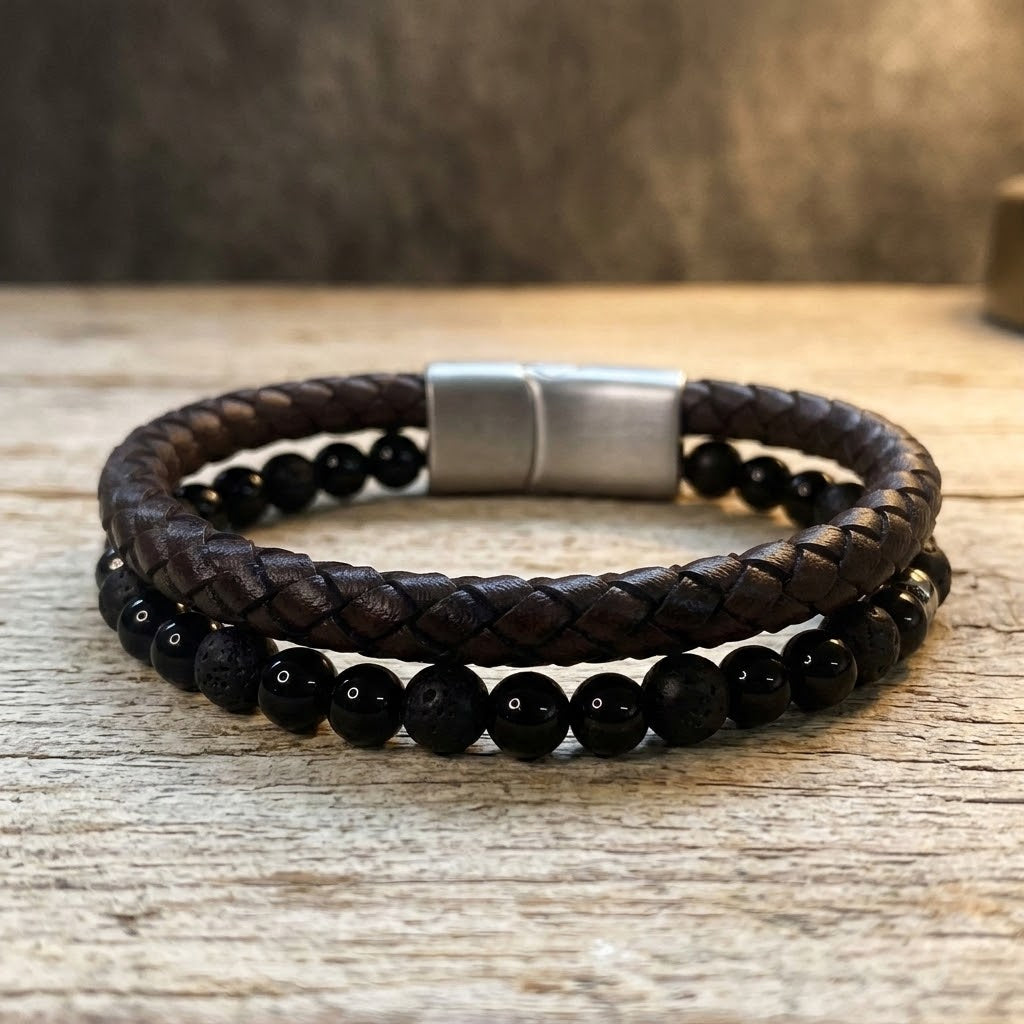 Leather & Stone Bracelet – Black Onyx & Lava Stone | Unisex - Brown Leather 