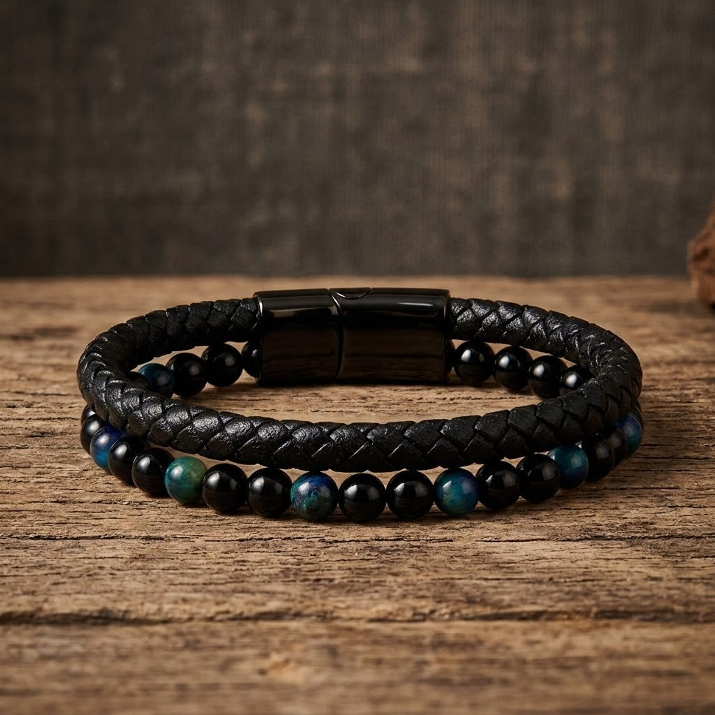 Leather & Stone Bracelet – Blue Tiger’s Eye & Black Onyx | Unisex
