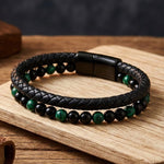 Leather & Stone Bracelet – Malachite & Black Onyx | Unisex