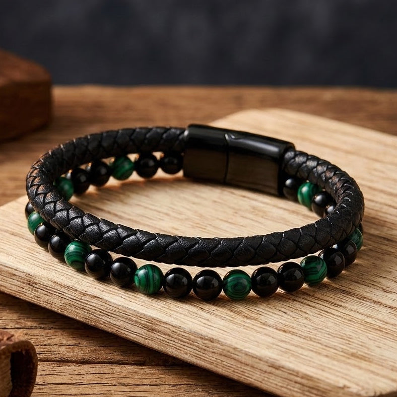 Leather & Stone Bracelet – Malachite & Black Onyx | Unisex