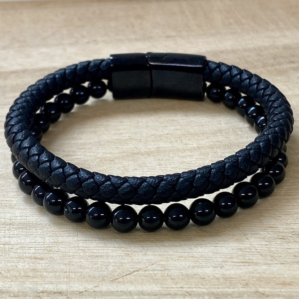 Leather & Stone Bracelet - Black Onyx