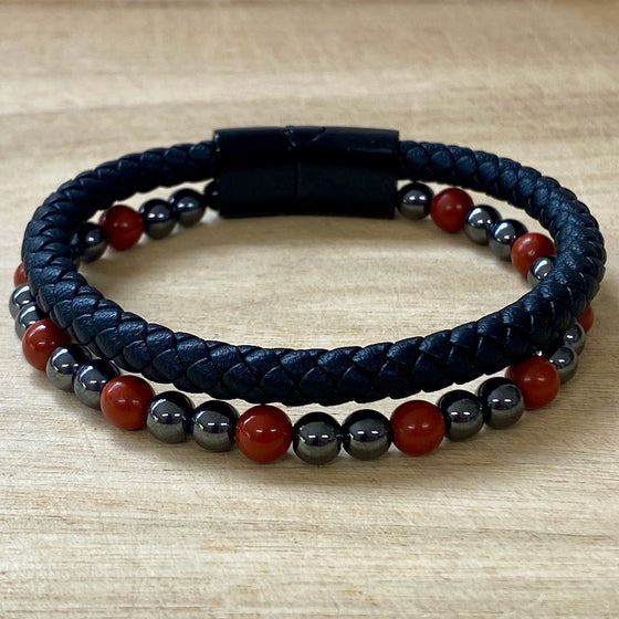 Leather & Stone Bracelet - Hematite & Red Jasper