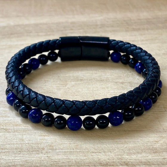 Leather & Stone Bracelet - Lapis Lazuli & Black Onyx
