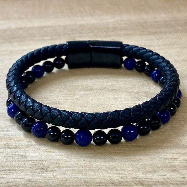 Leather & Stone Bracelet - Lapis Lazuli & Black Onyx